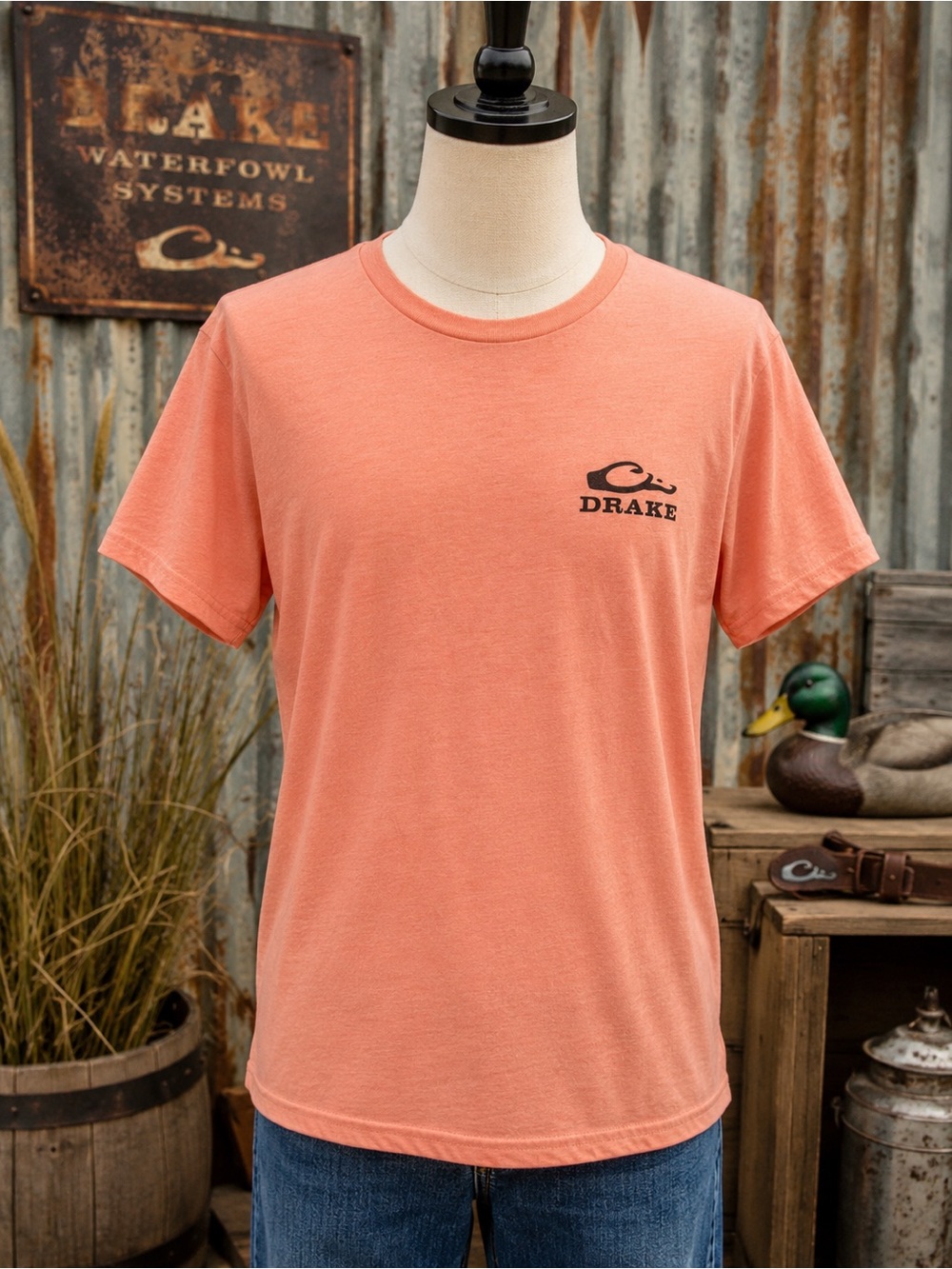 Drake Waterfowl Feather Graphic T-Shirt Peach Coral Size Small